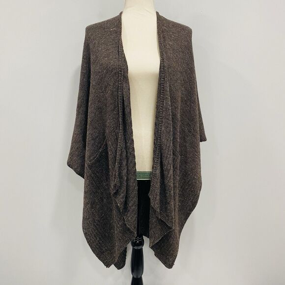 CHICO’S OS Brown Knit Wool Blend Ruana Shawl Wrap Casual Cocktail Lagenlook - Picture 1 of 16